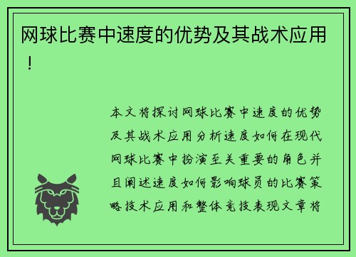 网球比赛中速度的优势及其战术应用 !